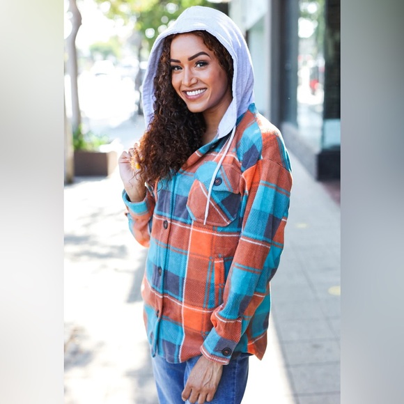 Teal Blue, & Orange Plaid Button Down Hooded Flannel, Medium Shacket, USA Made - Picture 8 of 14